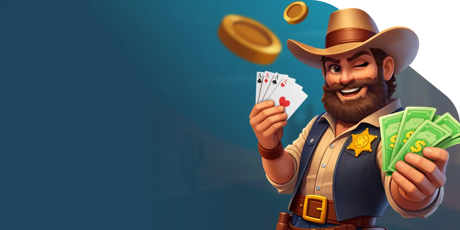Ringospin casino welkomstpakket: cowboy met vier azen en een bundel dollars